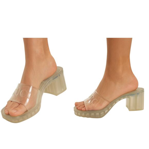 Gucci Clear Jelly Sandals Size 38 Block Heel Square Toe Logo Strap - Picture 9 of 10